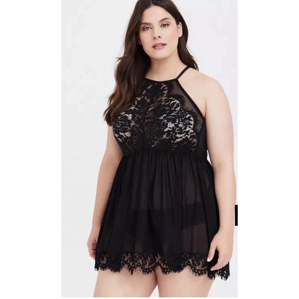 Torrid Curve Lace Halter Babydoll Chemise Slip Size PLUS 3X Black Negligee